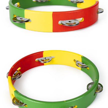 Houten tamboerijn rood geel groen van boven, open ring met paren rinkelplaatjes rondom