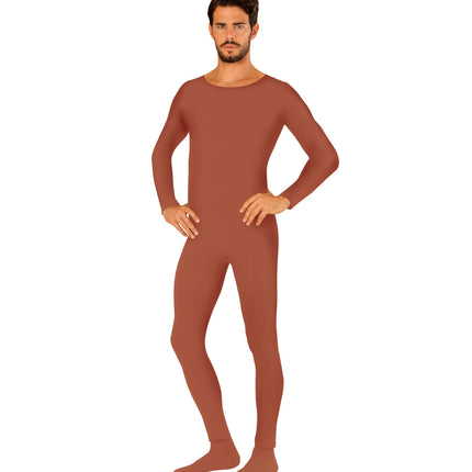 Huidkleurige bodysuit heren met lange mouwen, ronde hals en dichte voeten, vooraanzicht