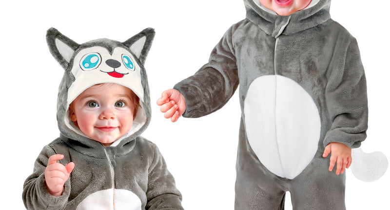 Husky pak pluche in grijs met witte buik, kap met hondengezicht en oren, voor baby's en peuters