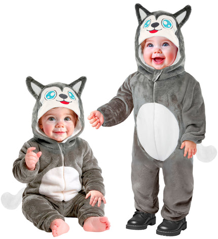 Husky pak pluche in grijs met witte buik, kap met hondengezicht en oren, voor baby's en peuters