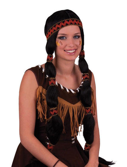 Indianenpruik dames zwart met twee lange vlechten en rood-zwarte gevlochten hoofdband voor een themafeest