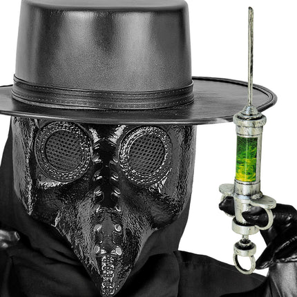 Injectiespuit bij pestdoktermasker met hoge hoed, zilveren spuit met groen serum