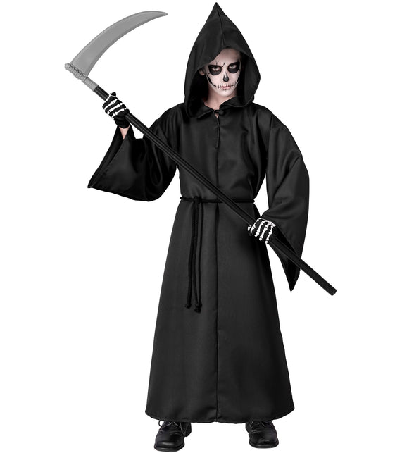 Inklapbare zeis in kinderhand bij zwart gewaad met capuchon, Halloween