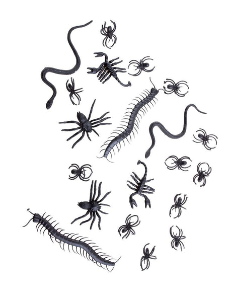 Insecten collectie Halloween: 20 zwarte spinnen, schorpioenen, duizendpoten en slangen van PVC