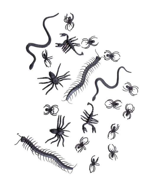 Insecten collectie Halloween: 20 zwarte spinnen, schorpioenen, duizendpoten en slangen van PVC