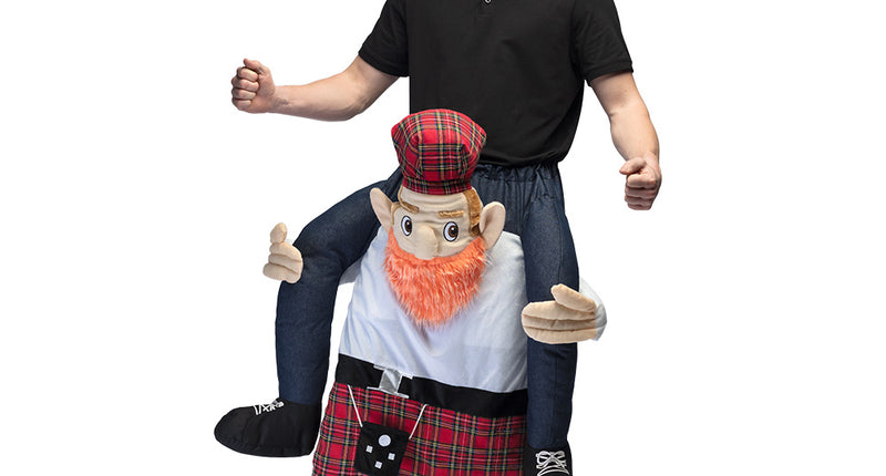 Instapkostuum Schot heren met pluche pop, rode ruitkilt en oranje baard voor een themafeest