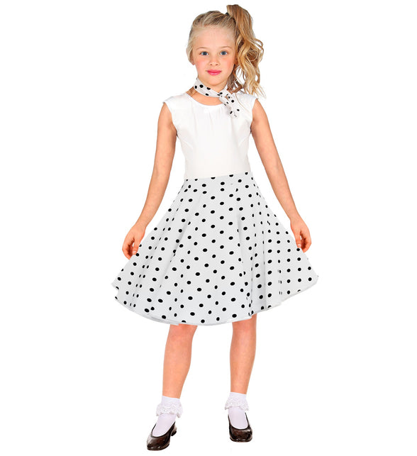 Jaren 50 rok Holly met halsdoek opzij geknoopt, zwarte polkadots op wit
