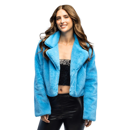 Jasje Fluffy rave in turquoise, kort pluche model dat eindigt rond de taille