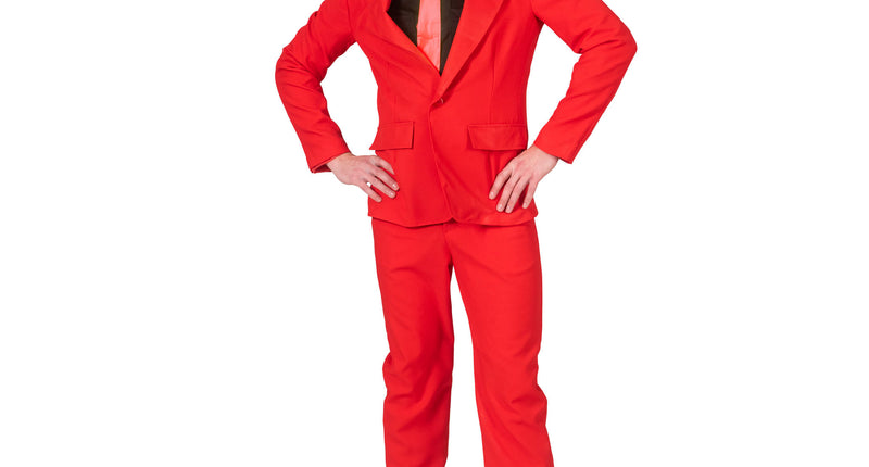 Joker James kostuum rood met rode jas, rechte broek en oranje stropdas, gedragen door een heer