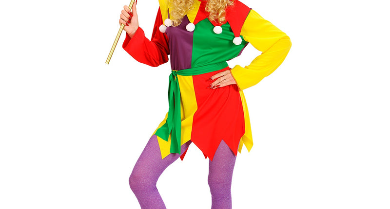 Joker kostuum dames Nar in rood, geel, groen en paars met puntige zoom en narrenkap voor carnaval