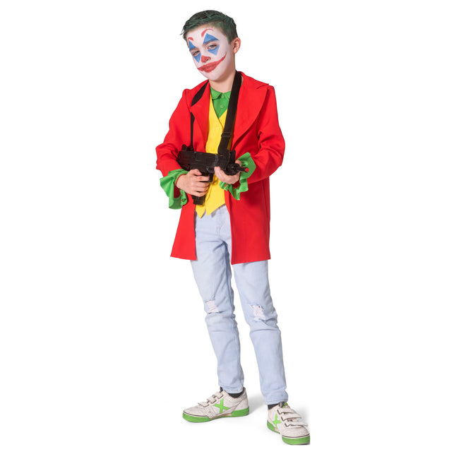 Joker pak James kinderen met rode jas, geel gilet en groene ruches aan de mouwen, voor Halloween
