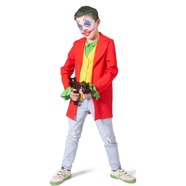 Joker pak James kinderen vooraanzicht met open rode jas en geel gilet met knoopsluiting