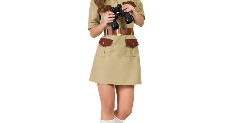 Jungle kostuum Jade dames: khaki jurk met bruine klepzakken, riem met goudkleurige gesp en hoed