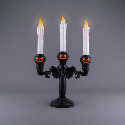 Kandelaar met 3 led kaarsen in zwart met doodskop en oranje pompoenkoppen, brandende ledvlammen voor Halloween