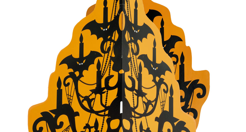 Kandelaar 3D voor Halloween in oranje met zwarte vleermuizen en kaarsen, hangende kartonnen kroonluchter
