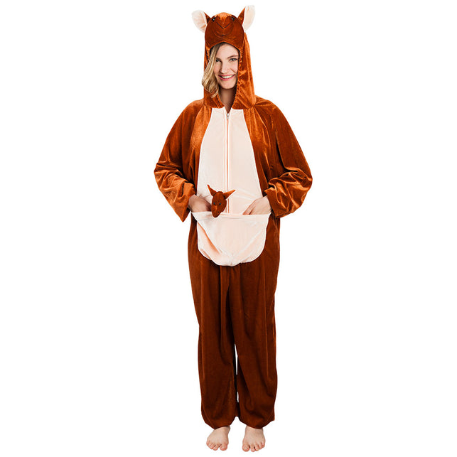Kangoeroe jumpsuit van voren met crème buikpaneel, rits en buidel met kangoeroetje