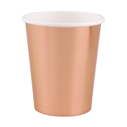 Kartonnen feestbeker in metallic roze met koperachtige glans en witte omgerolde rand