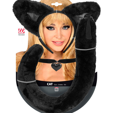 Kattenoortjes set dames op verpakking met zwarte oren, choker met hartvormige hanger en staart
