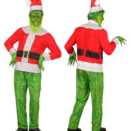 Kerst monster kostuum met opgedrukte zwarte riem en gouden gesp op de rode jas
