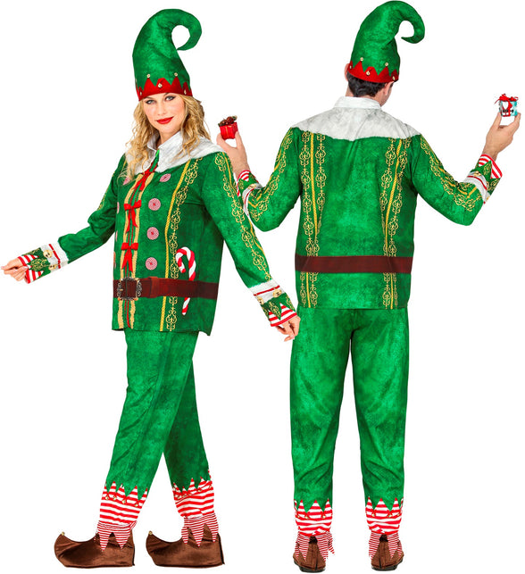 Kerstelf outfit met gekrulde puntmuts en rood-wit gestreepte print aan de enkels