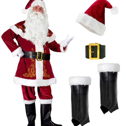 Kerstman kostuum met losse onderdelen: zwarte riem met goudkleurige gesp en overzetlaarzen met pluche boord