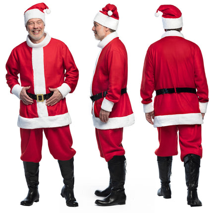 Kerstmanpak van voor, opzij en achter met wijde broek, brede riem en pluche jaszoom