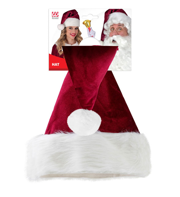 Kerstmuts Santa December in de verpakking, lange rode puntmuts met witte pompon