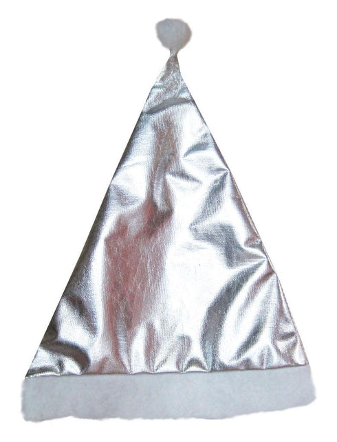Kerstmuts zilver met glanzend metallic oppervlak, witte rand en witte pompon, voor Kerst