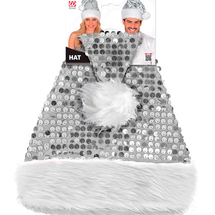 Kerstmuts zilver in verpakking, plat met witte pluche band en pluimpje in het midden