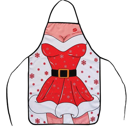 Kerstschort Belinda vlak gelegd: rood jurkje met zwarte gordel, gouden gesp en witte bontzoom