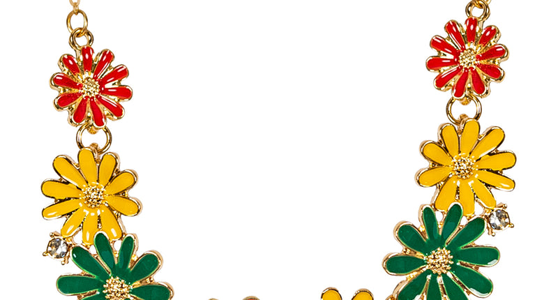 Ketting bloemen rood-geel-groen met negen geëmailleerde bloemen en steentjes aan een goudkleurige schakelketting