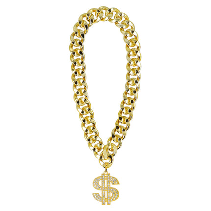 Ketting Dollar Memphis goud plat neergelegd: volledige schakelketting met dollarhanger