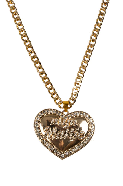 Ketting met hart Mijn Mattie, goudkleurige schakelketting met harthanger, steentjesrand en opschrift in sierletters