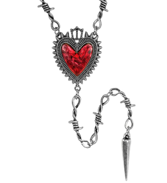 Ketting hart prikkeldraad met rood hart, kroontje en zilverkleurige spike aan prikkeldraadschakels