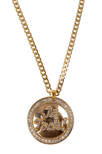 Ketting Ja Toch goud met ronde hanger, sierletters van steentjes en gourmet-schakels voor een foute party