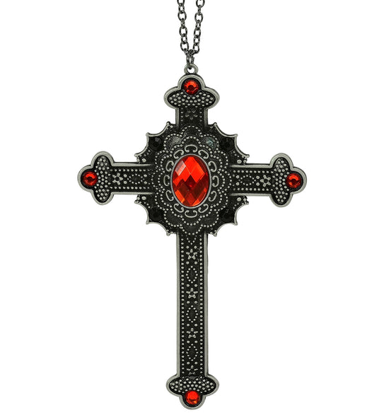 Ketting kruis met rode juwelen met facetgeslepen ovale steen en donker reliëfwerk