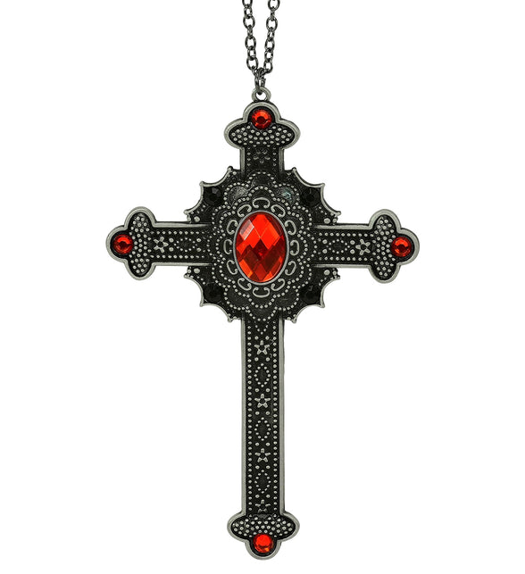 Ketting kruis met rode juwelen met facetgeslepen ovale steen en donker reliëfwerk
