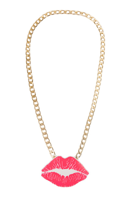 Ketting lippen met felroze kusmond hanger aan brede goudkleurige schakelketting