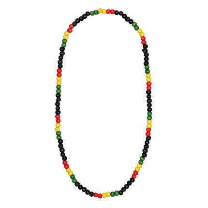 Ketting One love los uitgelegd, ronde kralen met afwisselend rood, geel en groen tussen zwarte kralen