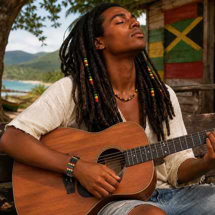 Ketting One love met rode, gele, groene en zwarte kralen in een reggaelook, voor een reggaefeest
