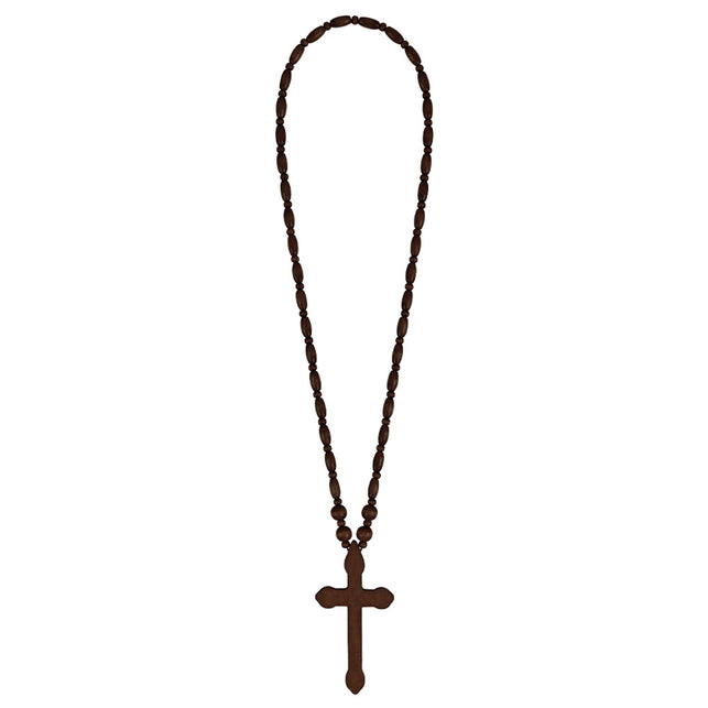 Ketting Rosario bruin in volle lengte, met ovale houten kralen en een kruishanger