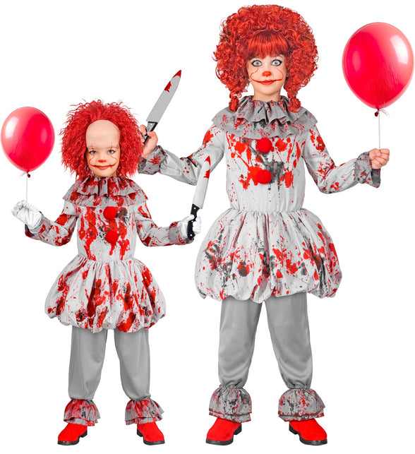 Killer clown kostuum Guus kinderen in grijs met rode bloedspatten en ballonrok voor Halloween