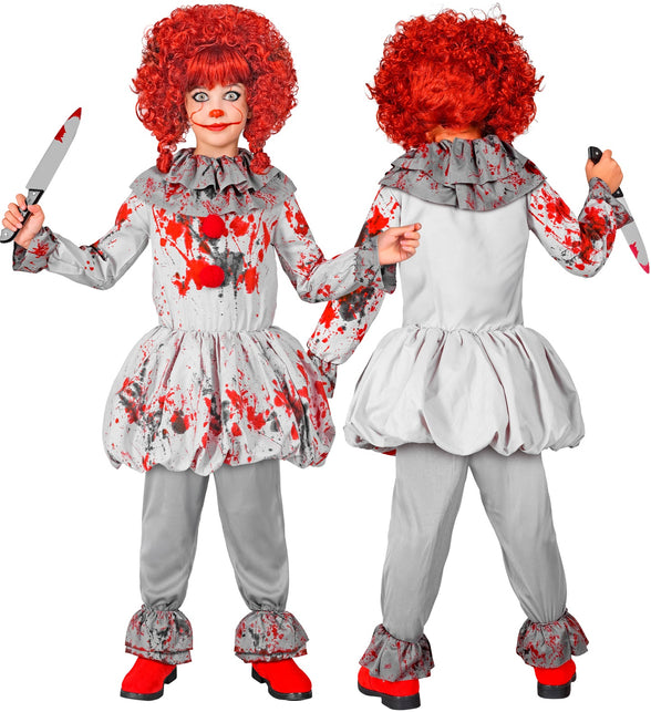 Killer clown kostuum kind voor- en achterkant met dubbele ruche-kraag en rode pompons