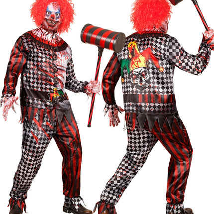 Killer clown kostuum met schedelopdruk met narrenkap op de rug van de jas