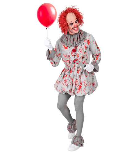 Killer clown kostuum met wijde manchetten en overzetschoenen met ruches voor een griezelfeest