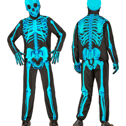 Kind in neon skeletkostuum met blauwe schedelkap en botten tot in de handschoenen