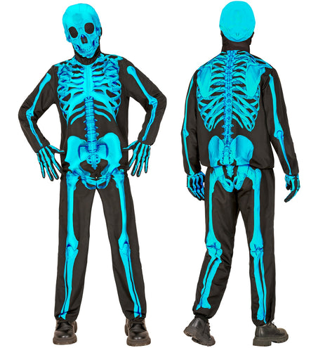 Kind in neon skeletkostuum met blauwe schedelkap en botten tot in de handschoenen