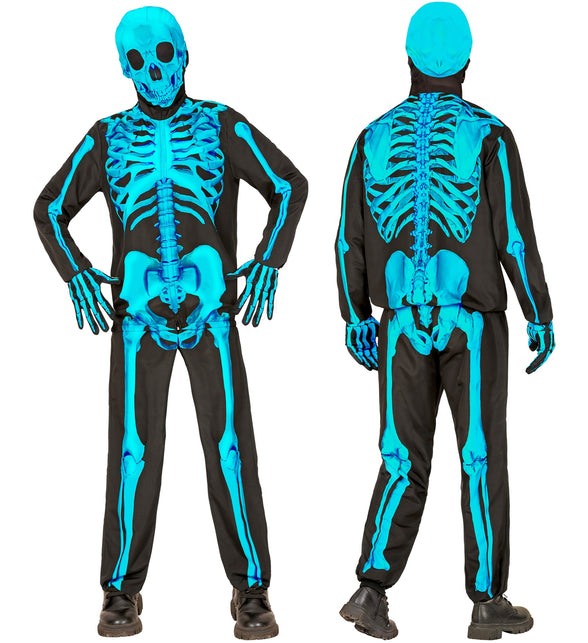 Kind in neon skeletkostuum met blauwe schedelkap en botten tot in de handschoenen