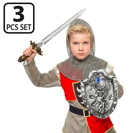 Kind met ridderset: zwaard geheven en zilveren schild met blauwe steen voor het kinderfeestje