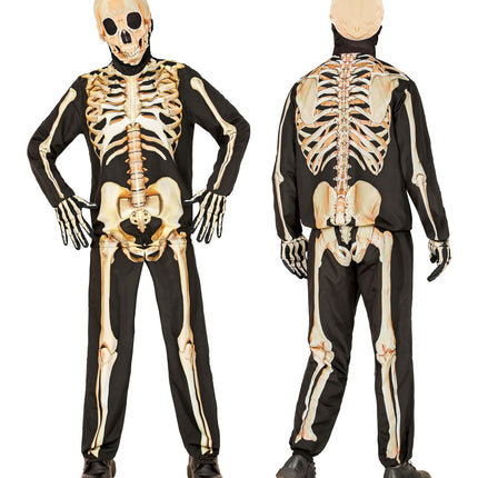 Kind in skeletpak met schedelmasker en botten op de armen, handen in de zij